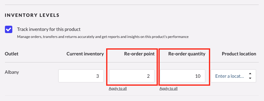 back end of retail management software showing reorder points